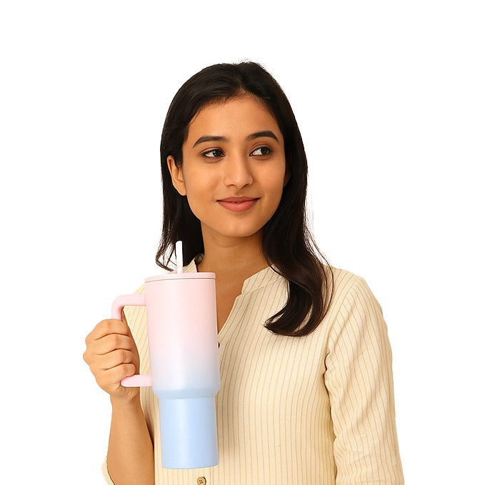 Calin 1200ML Stainless Steel Tumbler | Double Insulated with Handle & 2 Straws | Leak-Proof Hot & Cold Sipper for Coffee, Travel & Home (Bubblegum Frost)