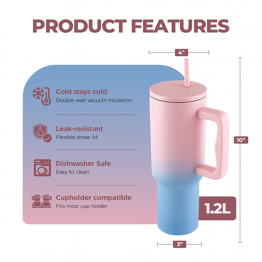 Calin 1200ML Stainless Steel Tumbler | Double Insulated with Handle & 2 Straws | Leak-Proof Hot & Cold Sipper for Coffee, Travel & Home (Bubblegum Frost)