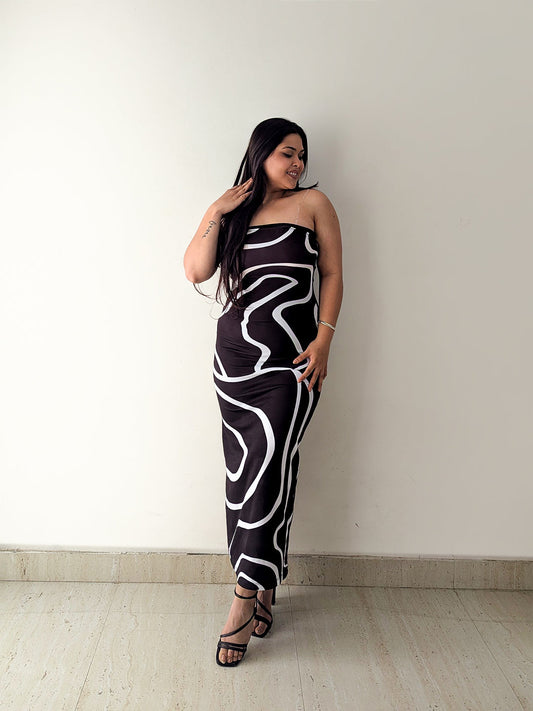 Cheekee Noir Wave Strapless Maxi Dress 🖤🤍
